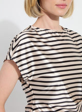 Load image into Gallery viewer, Crafted from luxurious Stretch Satin Jersey, the Bruna Side Draped Top Printed boasts drop shoulders and an asymmetrical waist drape, complemented by a chic nautical stripe pattern. This piece has a comfortable, 4-way stretch and is a designer favorite, making it a must-have addition to any wardrobe.