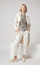 Load image into Gallery viewer, Crafted from luxurious Stretch Satin Jersey, the Bruna Side Draped Top Printed boasts drop shoulders and an asymmetrical waist drape, complemented by a chic nautical stripe pattern. This piece has a comfortable, 4-way stretch and is a designer favorite, making it a must-have addition to any wardrobe.