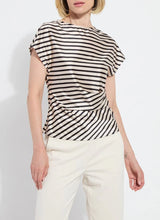 Load image into Gallery viewer, Crafted from luxurious Stretch Satin Jersey, the Bruna Side Draped Top Printed boasts drop shoulders and an asymmetrical waist drape, complemented by a chic nautical stripe pattern. This piece has a comfortable, 4-way stretch and is a designer favorite, making it a must-have addition to any wardrobe.