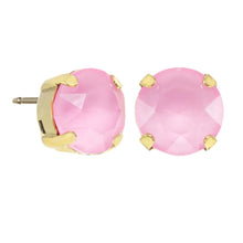 Load image into Gallery viewer, Trentley Bubblegum Stud Earrings are a fashionable choice for adding a bit of sparkle to your look. Crafted from antique gold-plated brass for a timeless finish, these earrings feature 10mm crystals for added shine. Hypoallergenic and made in Canada, these delightful pieces make for an exquisite addition to any wardrobe. Color- Gold and pink. Stud design. Premium crystals. Hypoallergenic. Antique gold plating over brass. Diameter- 10mm.