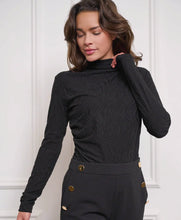 Load image into Gallery viewer, Our Blenda turtleneck is an exquisite piece featuring a delicate burnout animal print. Elegantly draped from the shoulder to the waist, it serves as a sophisticated foundation over slacks or chic skirts. 