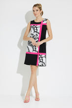 Load image into Gallery viewer, The Bridget butterfly print shift dress is absolutely gorgeous in every way. With its figure flattering design, abstract butterfly print and color block detailing, you are sure to receive compliments when you style this beauty. Color- Black, white, pink. Colorblock. Abstract butterfly print. No pockets. Zipper. Not lined.