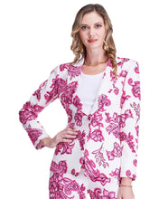 Load image into Gallery viewer, Woman wearing a pink paisley button down blazer and matching pants against a white background.