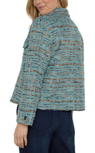 Load image into Gallery viewer, This bouclé knit boxy shacket showcases a stunning blend of oceanic colors. The combination of textures, along with the blue and gold lurex-flecked tones, creates a distinctive and adaptable piece that you'll find yourself reaching for time and time again.