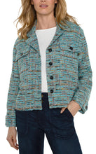 Load image into Gallery viewer, This bouclé knit boxy shacket showcases a stunning blend of oceanic colors. The combination of textures, along with the blue and gold lurex-flecked tones, creates a distinctive and adaptable piece that you'll find yourself reaching for time and time again.