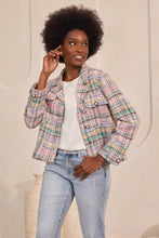 Load image into Gallery viewer, Effortlessly chic and cozy, the Button Front Boxy Shacket in Tea Rose Multi Plaid Boucle blends timeless style with modern versatility. Crafted from soft boucle fabric in an elegant pastel plaid pattern, this Liverpool Los Angeles shacket features a notch collar, button-front closure, elevated pearlized buttons and relaxed boxy fit, making it perfect for layering year-round.