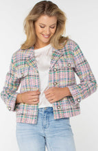 Load image into Gallery viewer, Effortlessly chic and cozy, the Button Front Boxy Shacket in Tea Rose Multi Plaid Boucle blends timeless style with modern versatility. Crafted from soft boucle fabric in an elegant pastel plaid pattern, this Liverpool Los Angeles shacket features a notch collar, button-front closure, elevated pearlized buttons and relaxed boxy fit, making it perfect for layering year-round.