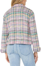 Load image into Gallery viewer, Effortlessly chic and cozy, the Button Front Boxy Shacket in Tea Rose Multi Plaid Boucle blends timeless style with modern versatility. Crafted from soft boucle fabric in an elegant pastel plaid pattern, this Liverpool Los Angeles shacket features a notch collar, button-front closure, elevated pearlized buttons and relaxed boxy fit, making it perfect for layering year-round.