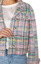 Load image into Gallery viewer, Effortlessly chic and cozy, the Button Front Boxy Shacket in Tea Rose Multi Plaid Boucle blends timeless style with modern versatility. Crafted from soft boucle fabric in an elegant pastel plaid pattern, this Liverpool Los Angeles shacket features a notch collar, button-front closure, elevated pearlized buttons and relaxed boxy fit, making it perfect for layering year-round.