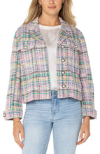 Load image into Gallery viewer, Effortlessly chic and cozy, the Button Front Boxy Shacket in Tea Rose Multi Plaid Boucle blends timeless style with modern versatility. Crafted from soft boucle fabric in an elegant pastel plaid pattern, this Liverpool Los Angeles shacket features a notch collar, button-front closure, elevated pearlized buttons and relaxed boxy fit, making it perfect for layering year-round.