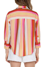Load image into Gallery viewer, Revitalize your wardrobe with our multi stripe button front shirt. Embrace the range of vibrant berry hues in a classic design that effortlessly transitions from work to weekend! Our Hollywood Berry Blossom Espadrille Wedge Sandals - Liverpool Los Angeles Style 20449422 compliments and matches the print of this top perfectly. Pair with this sandal for the ultimate fashionable look!
