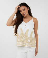 Load image into Gallery viewer, The EsQualo Clady Camisole is a stunning piece designed for effortless elegance. This embroidered camisole features a delicate leaf pattern interwoven with shimmering lurex, adding a touch of sophistication. The playful wooden buttons and adjustable straps ensure a comfortable and customizable fit. This lovely top, on its own or under a jacket, offers a lightweight and breathable feel, perfect for warm-weather styling.