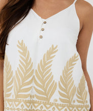 Load image into Gallery viewer, The EsQualo Clady Camisole is a stunning piece designed for effortless elegance. This embroidered camisole features a delicate leaf pattern interwoven with shimmering lurex, adding a touch of sophistication. The playful wooden buttons and adjustable straps ensure a comfortable and customizable fit. This lovely top, on its own or under a jacket, offers a lightweight and breathable feel, perfect for warm-weather styling.