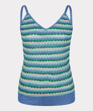 Load image into Gallery viewer, Stunning blues and greens combine with a bit of sparkle to create a gorgeous camisole. A lovely addition to your spring/summer collection, this fabulous camisole can be worn alone or pair with your favorite jacket or cardigan. Our LARK LUREX CABLE CARDIGAN - ESQUALO is a perfect cardigan to wear with our Laleh cami. Color- Multi; Blue, aqua, tan, green. Adjustable straps. Lightweight. Slightly sheer. Subtle sparkle threading throughout. Fabric -89% Polyester. 11% Metallic.