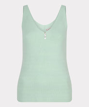 Load image into Gallery viewer, The Chia Camisole with Buttons in Pistachio Color - EsQualo is a versatile and stylish singlet with charming buttons, a flattering v-neckline, and wide straps. Layer it with a cardigan or jacket for cooler days, or wear it on its own for warmer days. It also pairs perfectly with our Pietta Pastel Green Blazer Linen Look - EsQualo SP2410008, making it a must-have addition to any wardrobe.