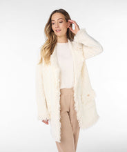 Load image into Gallery viewer, Envelop yourself in the cozy elegance of Esqualo's cardigan, a stunning piece that effortlessly blends style with comfort. The off-white beige hue and delicate fringes lend a touch of bohemian chic to your wardrobe. The beauty is in the details with elevated gold buttons and fringe detailing.