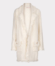 Load image into Gallery viewer, Envelop yourself in the cozy elegance of Esqualo's cardigan, a stunning piece that effortlessly blends style with comfort. The off-white beige hue and delicate fringes lend a touch of bohemian chic to your wardrobe. The beauty is in the details with elevated gold buttons and fringe detailing.