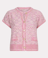 Load image into Gallery viewer, The EsQualo cardigan is a stylish and comfortable option in a delicate pink hue. Its cap sleeves, gold snap buttons, and regular fit make it a versatile choice for layering and adding a touch of sophistication to any outfit. With its soft texture, this cardigan is a must-have for any fashion-forward wardrobe.