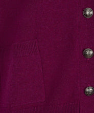 Load image into Gallery viewer, Close-up of a purple cardigan with dark steel buttons.