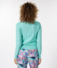 Load image into Gallery viewer, Add a beautiful shade of aqua to your wardrobe with this gorgeous lightweight cable cardigan by EsQualo. A lovely amount of sparkle threading throughout elevates this gorgeous design. A perfect style to wear alone or over a tank or camisole. Our Lark cardigan matches perfectly with our LALEH LUREX SPARKLE ZIGZAG CAMISOLE - ESQUALO. Color - Aqua (Picture appears more blue in color. In person, cardigan has a blue/green hue.) Sparkle metallic threading throughout. Button up front.