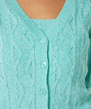 Load image into Gallery viewer, Add a beautiful shade of aqua to your wardrobe with this gorgeous lightweight cable cardigan by EsQualo. A lovely amount of sparkle threading throughout elevates this gorgeous design. A perfect style to wear alone or over a tank or camisole. Our Lark cardigan matches perfectly with our LALEH LUREX SPARKLE ZIGZAG CAMISOLE - ESQUALO. Color - Aqua (Picture appears more blue in color. In person, cardigan has a blue/green hue.) Sparkle metallic threading throughout. Button up front.