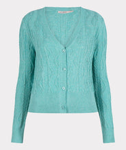 Load image into Gallery viewer, Add a beautiful shade of aqua to your wardrobe with this gorgeous lightweight cable cardigan by EsQualo. A lovely amount of sparkle threading throughout elevates this gorgeous design. A perfect style to wear alone or over a tank or camisole. Our Lark cardigan matches perfectly with our LALEH LUREX SPARKLE ZIGZAG CAMISOLE - ESQUALO. Color - Aqua (Picture appears more blue in color. In person, cardigan has a blue/green hue.) Sparkle metallic threading throughout. Button up front.