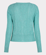 Load image into Gallery viewer, Add a beautiful shade of aqua to your wardrobe with this gorgeous lightweight cable cardigan by EsQualo. A lovely amount of sparkle threading throughout elevates this gorgeous design. A perfect style to wear alone or over a tank or camisole. Our Lark cardigan matches perfectly with our LALEH LUREX SPARKLE ZIGZAG CAMISOLE - ESQUALO. Color - Aqua (Picture appears more blue in color. In person, cardigan has a blue/green hue.) Sparkle metallic threading throughout. Button up front.