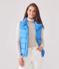 Load image into Gallery viewer, This versatile outerwear option features convenient snaps and a zipper for easy wear and adds just the right amount of insulation when needed. Stand out in style and step into the weather with this cute and feminine vest. Color - Chambray. Length: 24 5/8 inches (size M) Stand collar. Sleeveless. Drawcord-toggle waist. Fabric - Puffer: 100% Nylon.