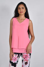 Load image into Gallery viewer, A gorgeous pink sorbet stands out on this gorgeous and stylish eye-catching chiffon tank. Featuring a longer silhouette that flatters your figure and a V-neckline, this tank is perfect for any occasion. Cool and comfortable, you'll love the feel during those warm months. Color- Sorbet; bright pink. Tiered hem. Tunic length. V-neck. Woven Top. Fabric -100% Polyester.