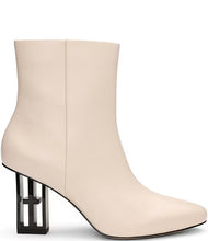 Load image into Gallery viewer, These booties feature an iconic logo on the heel block, adding a striking touch of sophistication. Perfect with casual wide-leg jeans or an elegant dress, they enhance any ensemble with their contemporary style and streamlined design.