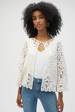Load image into Gallery viewer, Elevate your style with this elegant crochet knit cover-up. Made from comfortable, breathable cotton, it brings a delicate, feminine element to any outfit. With three-quarter bell sleeves, a flattering crew neck, and concealed front buttons, this versatile piece effortlessly sets a laid-back tone while still keeping a fashionable image.