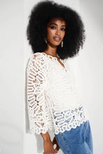 Load image into Gallery viewer, Elevate your style with this elegant crochet knit cover-up. Made from comfortable, breathable cotton, it brings a delicate, feminine element to any outfit. With three-quarter bell sleeves, a flattering crew neck, and concealed front buttons, this versatile piece effortlessly sets a laid-back tone while still keeping a fashionable image.