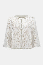 Load image into Gallery viewer, Elevate your style with this elegant crochet knit cover-up. Made from comfortable, breathable cotton, it brings a delicate, feminine element to any outfit. With three-quarter bell sleeves, a flattering crew neck, and concealed front buttons, this versatile piece effortlessly sets a laid-back tone while still keeping a fashionable image.