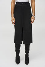 Load image into Gallery viewer, Dazzle and glisten in our Cybele Classic Denim Pencil Skirt with Rhinestones designed by Joseph Ribkoff. Elevate your daily attire with this iconic denim skirt, showcasing a captivating front slit, 5-pocket design, and intricate all-over sparkling embellishments.