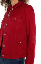 Load image into Gallery viewer, Our classic jean jacket, in a brilliant red, called Carnelian, is renowned for its exceptional stretch and recovery. An essential addition for layering, the Charley provides the ideal final touch to any ensemble. Its durable fabric guarantees that it retains its form, even after numerous wears.