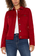 Load image into Gallery viewer, Our classic jean jacket, in a brilliant red, called Carnelian, is renowned for its exceptional stretch and recovery. An essential addition for layering, the Charley provides the ideal final touch to any ensemble. Its durable fabric guarantees that it retains its form, even after numerous wears.