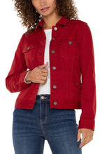 Load image into Gallery viewer, Our classic jean jacket, in a brilliant red, called Carnelian, is renowned for its exceptional stretch and recovery. An essential addition for layering, the Charley provides the ideal final touch to any ensemble. Its durable fabric guarantees that it retains its form, even after numerous wears.