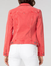 Load image into Gallery viewer, Liverpool Los Angeles's jean jacket is a perfect go-to layering item that adds just the right touch to any outfit. Lovely stretch, our Celeste jacket in a coral color has the perfect recovery design that will keep its shape after wear. Color - Coral Fins. 23" HPS. Amazing stretch and recovery. Slub stretch twill. Two front pockets. Two seam side pockets.