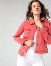 Load image into Gallery viewer, Liverpool Los Angeles's jean jacket is a perfect go-to layering item that adds just the right touch to any outfit. Lovely stretch, our Celeste jacket in a coral color has the perfect recovery design that will keep its shape after wear. Color - Coral Fins. 23" HPS. Amazing stretch and recovery. Slub stretch twill. Two front pockets. Two seam side pockets.