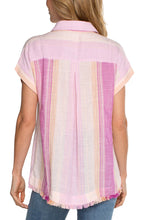 Load image into Gallery viewer, Upgrade your daily wardrobe with the Lavender Multistripe printed camp shirt from Liverpool Los Angeles. This versatile piece is made from a lightweight woven fabric, perfect for any occasion, and features a hi-low fray hem for added style.