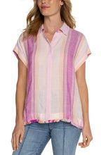 Load image into Gallery viewer, Upgrade your daily wardrobe with the Lavender Multistripe printed camp shirt from Liverpool Los Angeles. This versatile piece is made from a lightweight woven fabric, perfect for any occasion, and features a hi-low fray hem for added style.