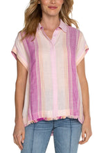 Load image into Gallery viewer, Upgrade your daily wardrobe with the Lavender Multistripe printed camp shirt from Liverpool Los Angeles. This versatile piece is made from a lightweight woven fabric, perfect for any occasion, and features a hi-low fray hem for added style.