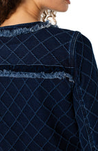 Load image into Gallery viewer, Close-up of navy quilted jacket and fray detailing worn by a model.