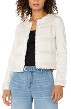 Load image into Gallery viewer, The Collarless Jacket with Fray and Lace in Bone by Liverpool Los Angeles exudes an air of chic elegance. It effortlessly blends traditional tailoring with contemporary elements, making it a standout in any wardrobe. With its versatility, this jacket is perfect for both formal occasions and adding a touch of style to a casual outfit.