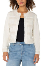 Load image into Gallery viewer, The Collarless Jacket with Fray and Lace in Bone by Liverpool Los Angeles exudes an air of chic elegance. It effortlessly blends traditional tailoring with contemporary elements, making it a standout in any wardrobe. With its versatility, this jacket is perfect for both formal occasions and adding a touch of style to a casual outfit.