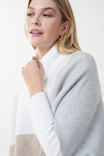 Load image into Gallery viewer, Experience a perfect balance of fashion and comfort in this Joseph Ribkoff tunic sweater. Crafted with an easy-fit silhouette and a contemporary color-blocked design, it's an ideal addition to your everyday wardrobe. Beautifully pairs with our Natalia Nutmeg Faux Leather Pants - Joseph Ribkoff 223196 as pictured. Color- Tan, grey, white. Turtleneck. Colorblock. No pockets. Fabric-48% Rayon. 30% Polyester. 22% Nylon.