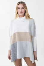 Load image into Gallery viewer, Experience a perfect balance of fashion and comfort in this Joseph Ribkoff tunic sweater. Crafted with an easy-fit silhouette and a contemporary color-blocked design, it's an ideal addition to your everyday wardrobe. Beautifully pairs with our Natalia Nutmeg Faux Leather Pants - Joseph Ribkoff 223196 as pictured. Color- Tan, grey, white. Turtleneck. Colorblock. No pockets. Fabric-48% Rayon. 30% Polyester. 22% Nylon.