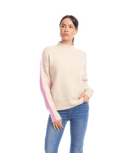 Load image into Gallery viewer, Woman wearing a sand and pink colorblock sweater and jeans against a white background.