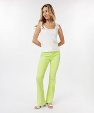 Load image into Gallery viewer, Color, color and more color! A beautiful flair basic denim pant in a striking lime color is a must-have this season. These pants taper to a wider leg and functional five pockets. Color- Lime. Tapers to wider leg. Functional five pockets. Silver buttons and hardware. EsQualo Jeans label. Fabric-97% Cotton. 3% Spandex.