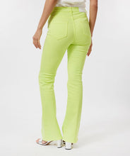 Load image into Gallery viewer, Color, color and more color! A beautiful flair basic denim pant in a striking lime color is a must-have this season. These pants taper to a wider leg and functional five pockets. Color- Lime. Tapers to wider leg. Functional five pockets. Silver buttons and hardware. EsQualo Jeans label. Fabric-97% Cotton. 3% Spandex.
